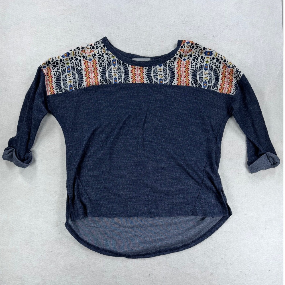 Olivia Moon Womens Navy Blue Marl Knit Top Contrast Print Yoke High Low Hem L